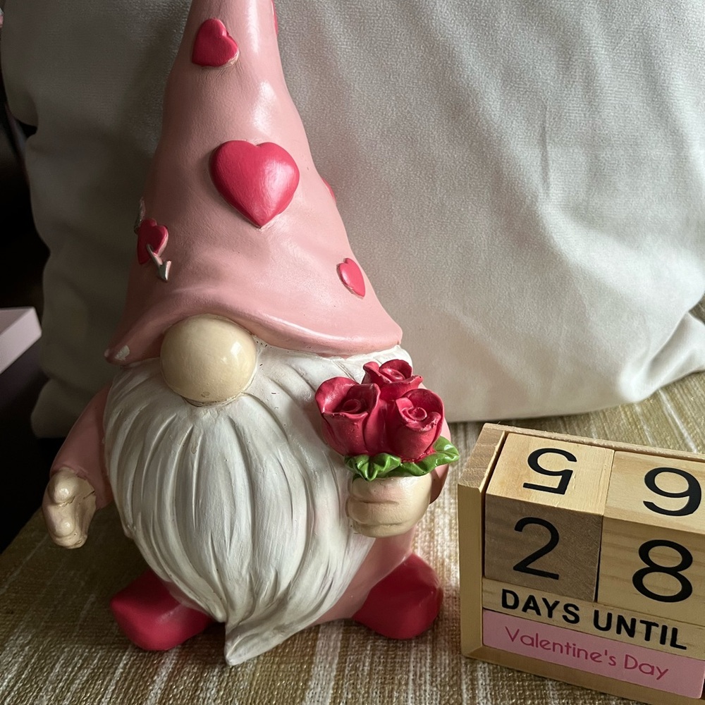 Valentines Day Gnome in Pink with Hearts Holding a bouquet of flowers